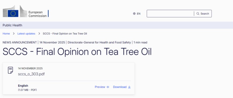 欧盟SCCS发布关于茶树油的最终评估意见