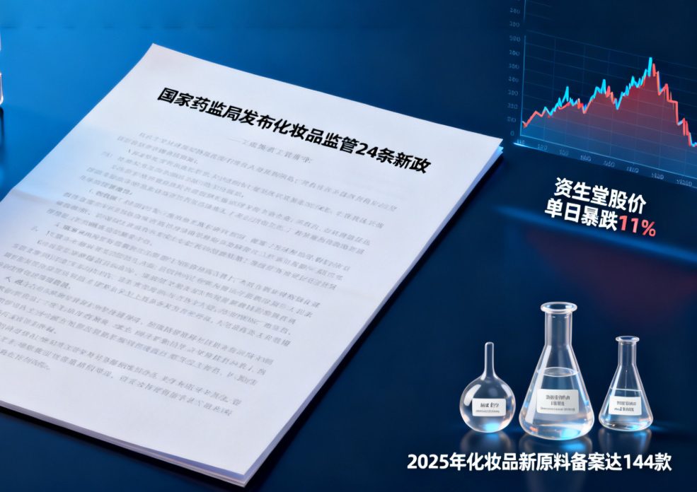 国家药监局发布化妆品监管24条新政；资生堂股价单日暴跌11%；2025年化妆品新原料备案达144款